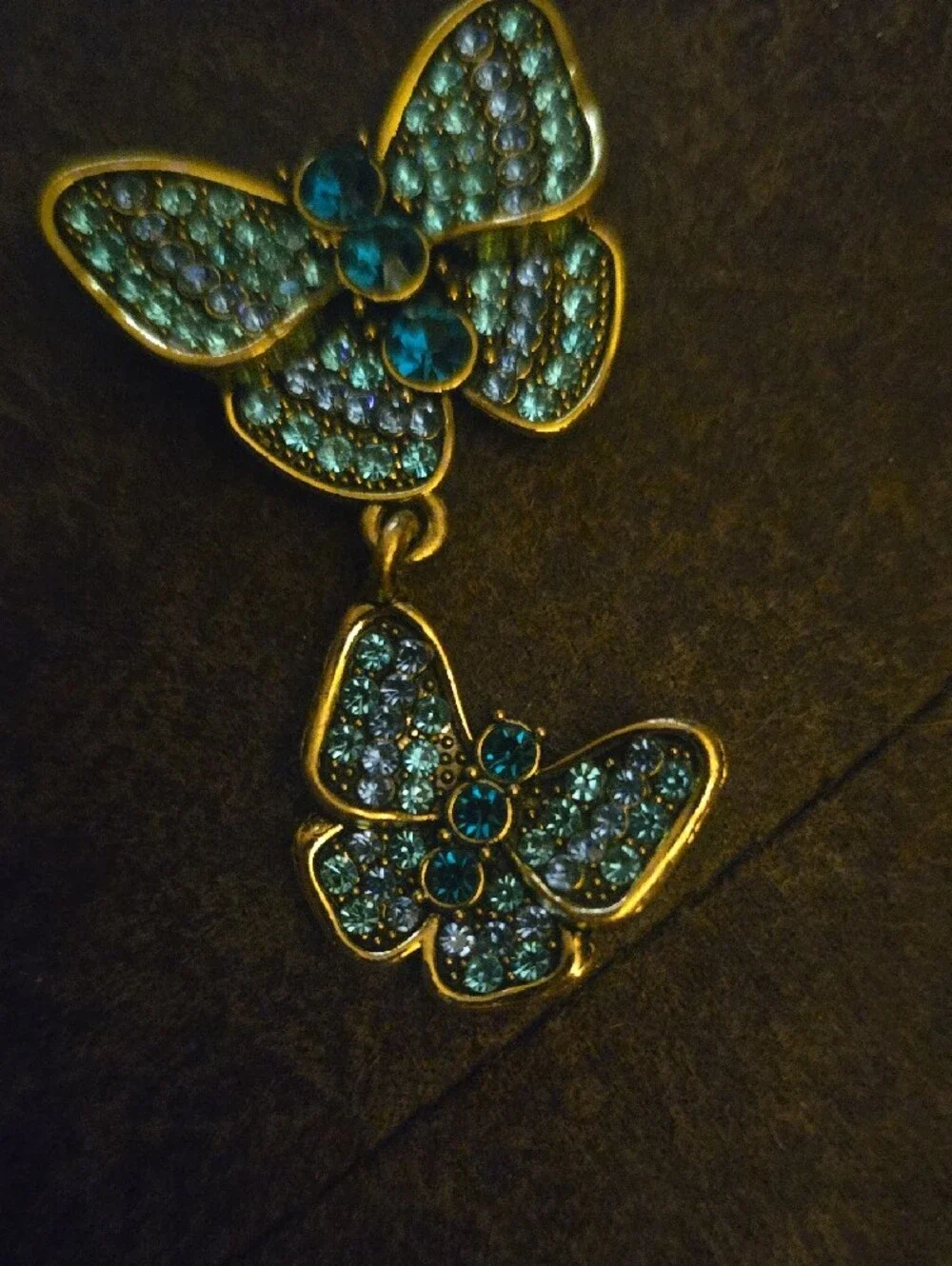 Vintage Style Triple Butterfly Drop Brooch Pin Blue Rhinestone Crystal Gold Tone